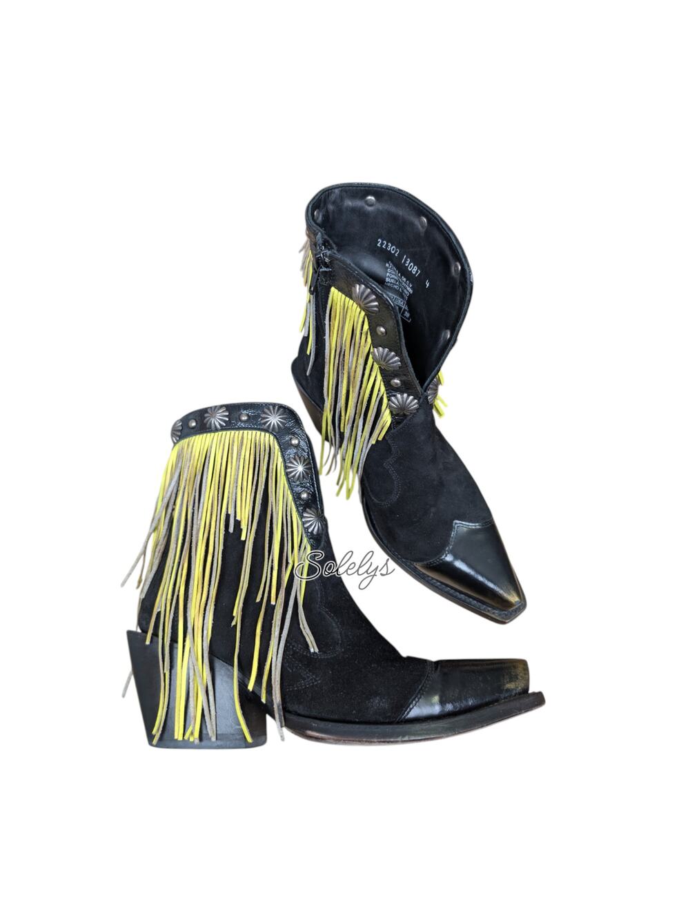 Mezcalero Eilen Green Handmade Fringe Black Suede Pointed Toe Western Bootie 8